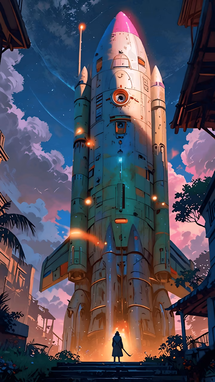 Monumental Spaceship Landing in Tropical Cyberpunk Town - Free Mobile AMOLED Wallpaper Background