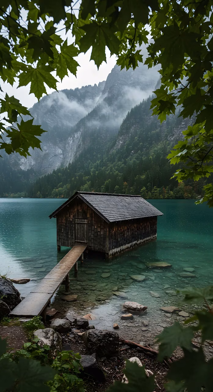 Moody Boathouse on Emerald Lake framed by Maple Leaves - Free Mobile AMOLED Wallpaper Background