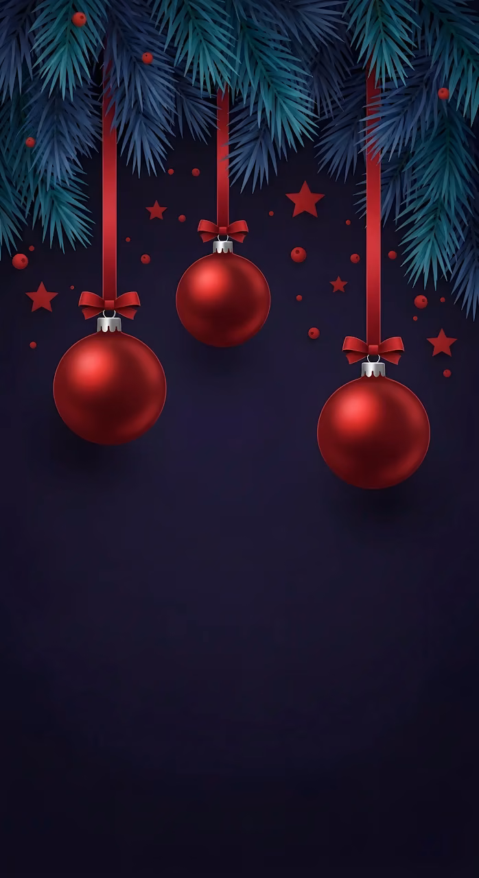 Moody Christmas Red Ornaments Dark Pine Branches - Free Mobile AMOLED Wallpaper Background