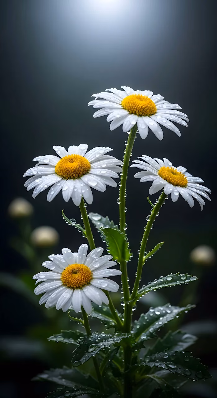 Moody Daisies Covered in Dew Drops Against Dark Background - Free Mobile AMOLED Wallpaper Background