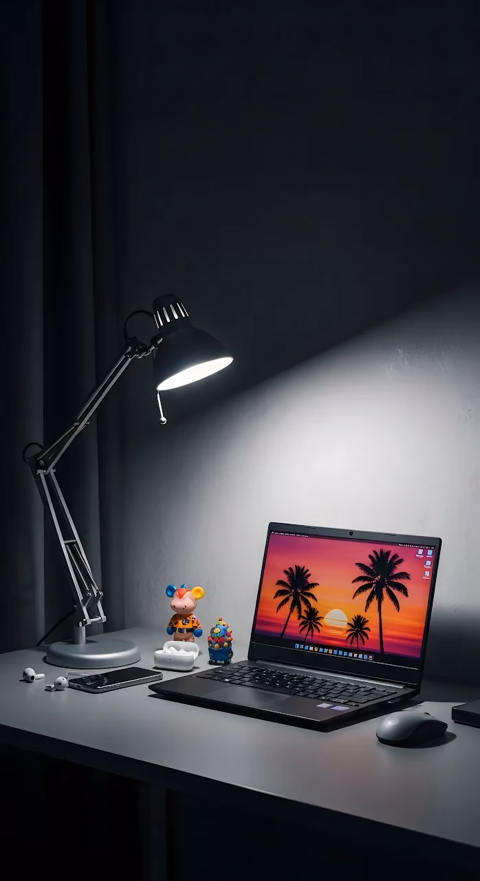 Moody Desk Setup Laptop Screen Palm Trees Bright Task Lamp - Free Mobile AMOLED Wallpaper Background