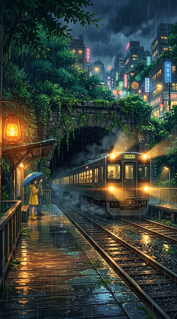 Moody Digital Art of a Train Emerging from a Tunnel in a Rainy Forest City - Free Mobile AMOLED Wallpaper Background