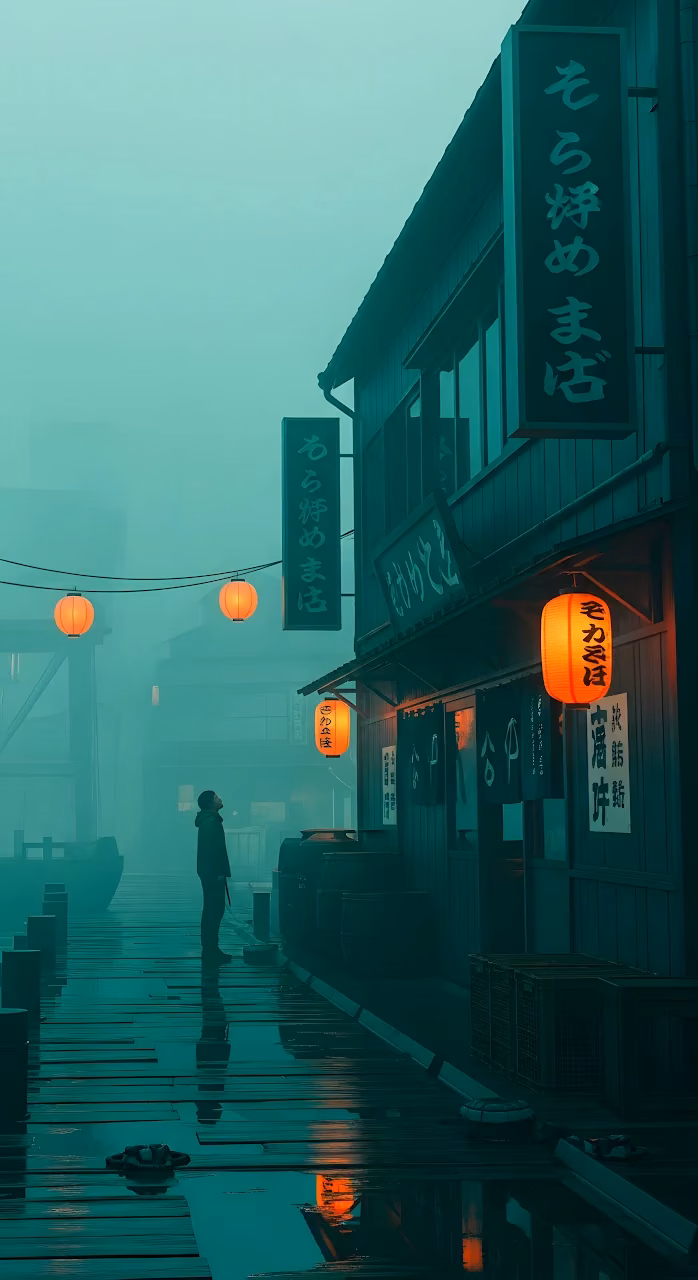 Moody Japanese Harbor Town Foggy Night Teal Orange - Free Mobile AMOLED Wallpaper Background