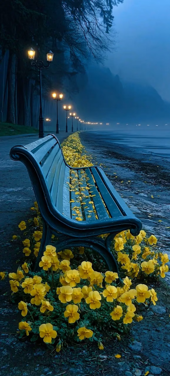 Download Moody Lakeside Bench with Yellow Pansies and Foggy Streetlights Wallpaper in 4K UHD Moody Lakeside Bench with Yellow Pansies and Foggy Streetlights - Free 4K Desktop Wallpaper Background