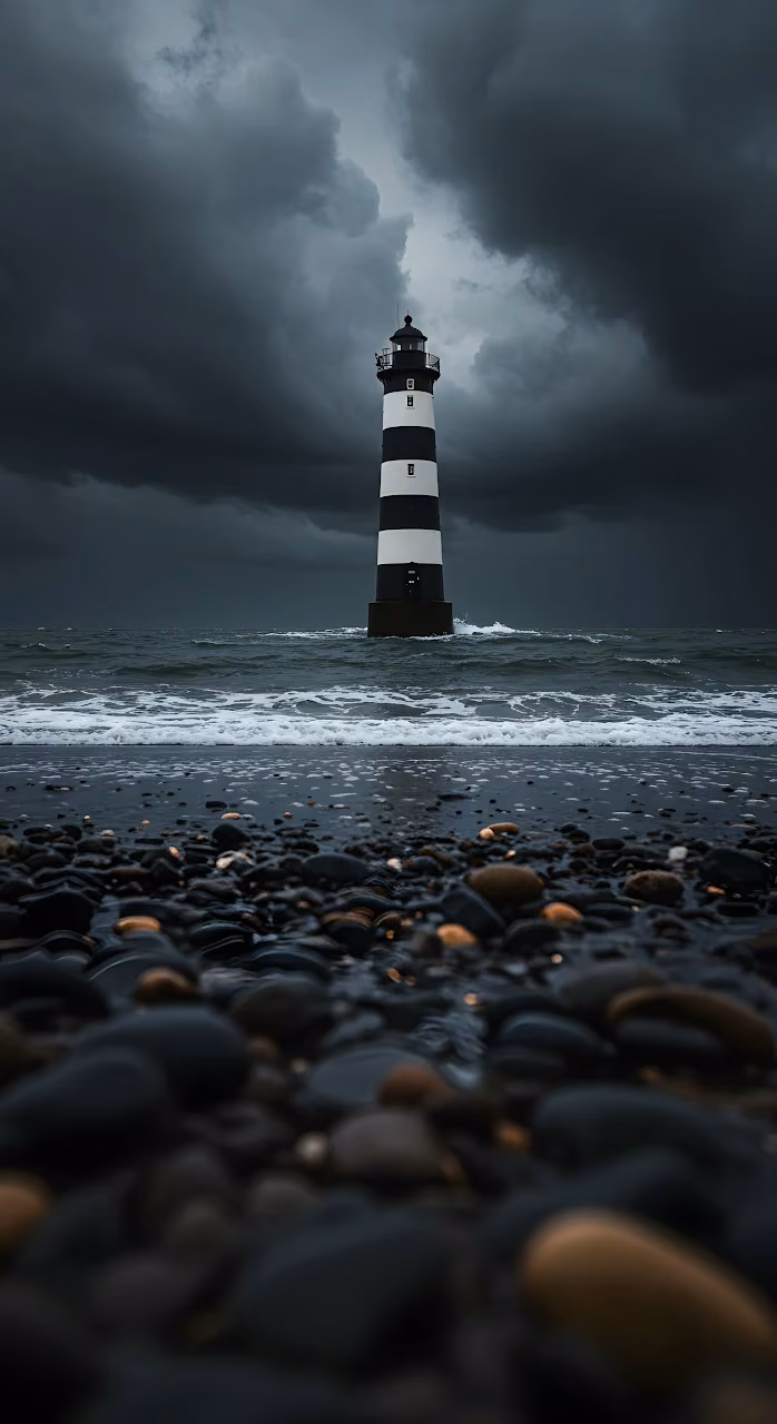 Moody Lighthouse on Pebble Beach Under Dark Storm Clouds - Free Mobile AMOLED Wallpaper Background