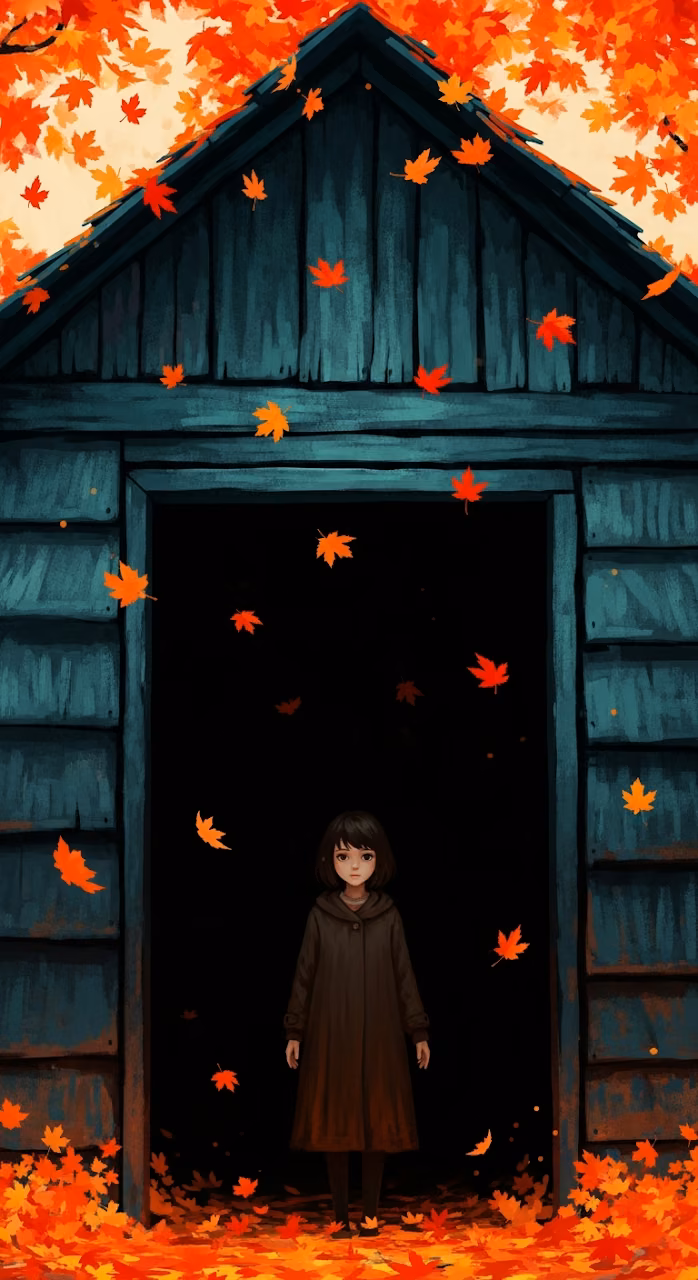 Moody Painterly Illustration of a Girl in a Doorway with Falling Orange Autumn Leaves - Free Mobile AMOLED Wallpaper Background