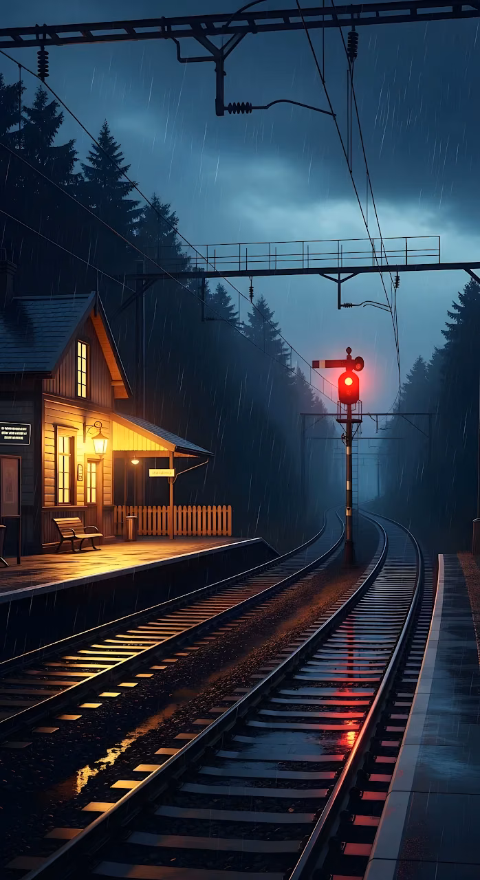 Moody Rainy Night Train Station Forest Railway Signal - Free Mobile AMOLED Wallpaper Background