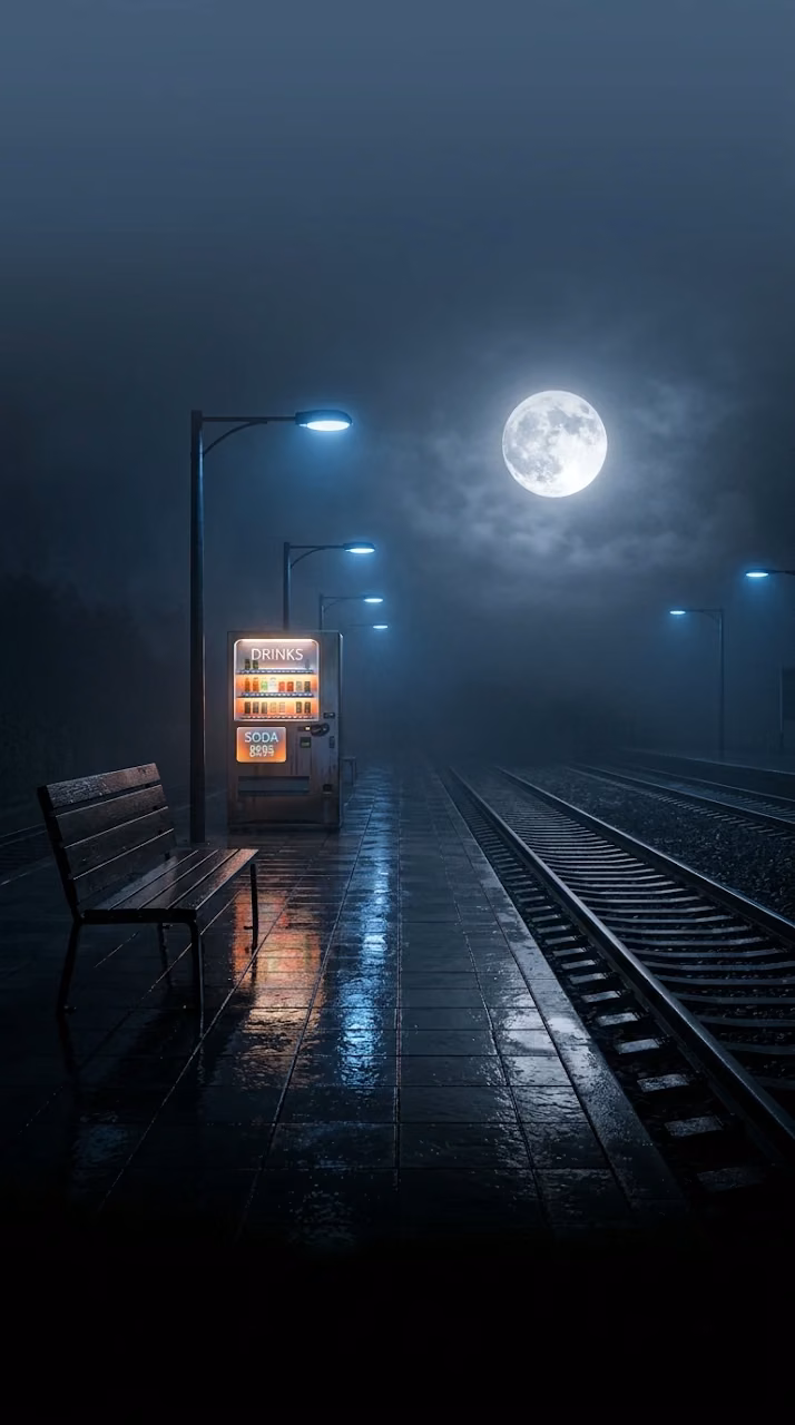Moody Rainy Train Station Midnight Full Moon Wallpaper - Free Mobile AMOLED Wallpaper Background