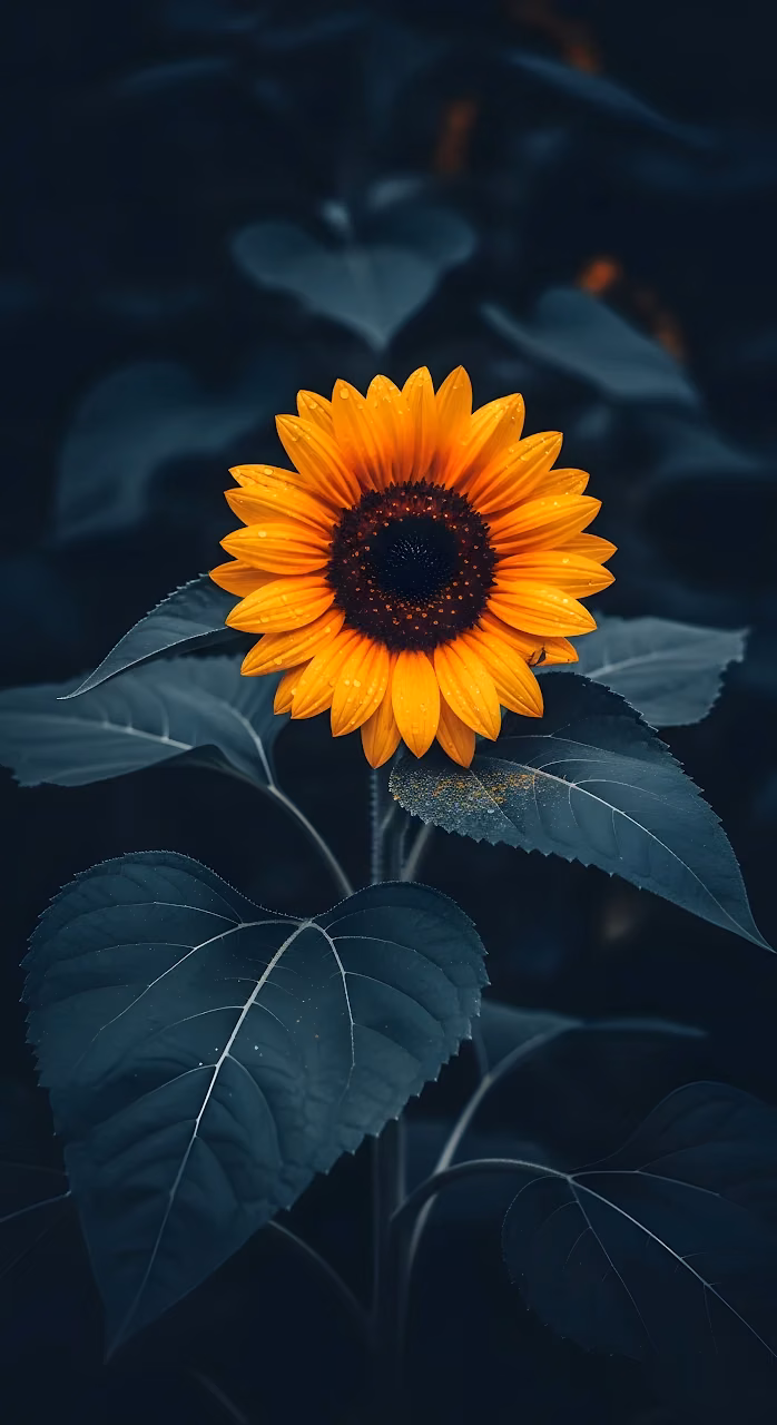 Moody Sunflower Bloom Dark Teal Foliage Contrast - Free Mobile AMOLED Wallpaper Background