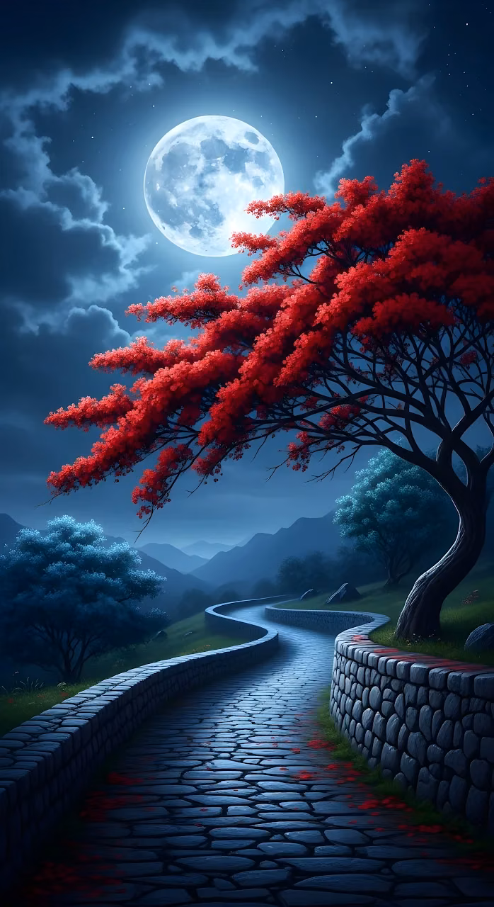 Moonlit Winding Path with Vivid Red Maple Tree at Night - Free Mobile AMOLED Wallpaper Background