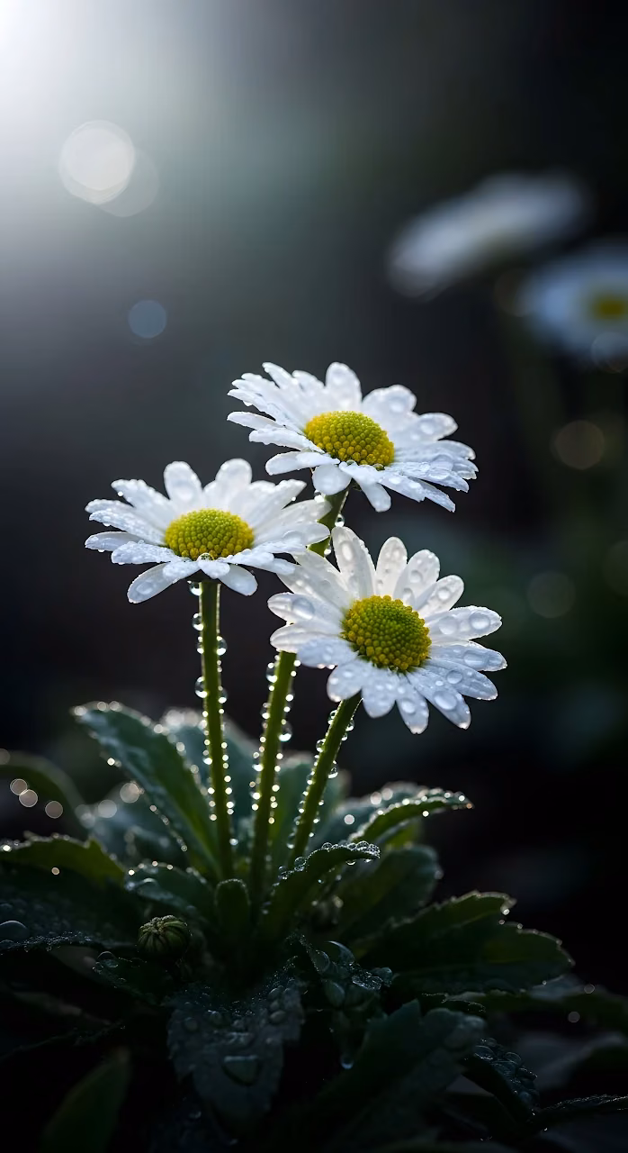 Download Morning Dew Drops on White Daisies Macro Photography Wallpaper in Mobile HD Morning Dew Drops on White Daisies Macro Photography - Free Mobile AMOLED Wallpaper Background