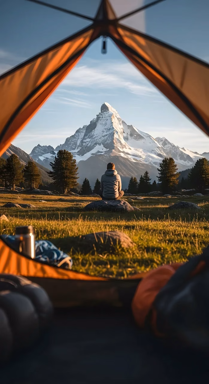 Morning View of Snowy Mountain Peak from Inside a Tent - Free Mobile AMOLED Wallpaper Background
