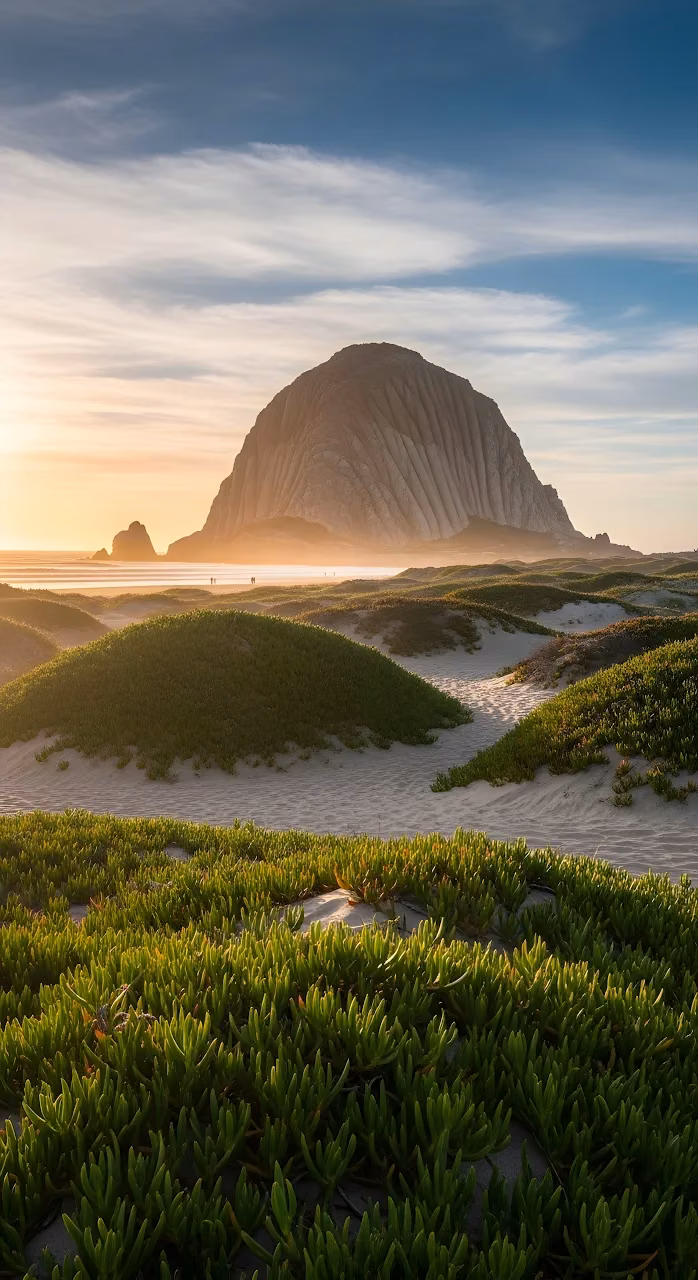 Morro Rock Silhouette Over Green Coastal Dunes at Sunset - Free Mobile AMOLED Wallpaper Background