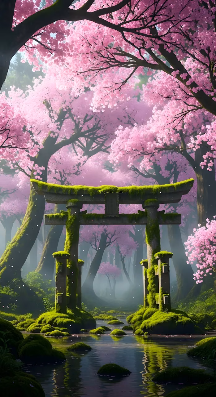Mossy Torii Gate in Misty Cherry Blossom Forest - Free Mobile AMOLED Wallpaper Background