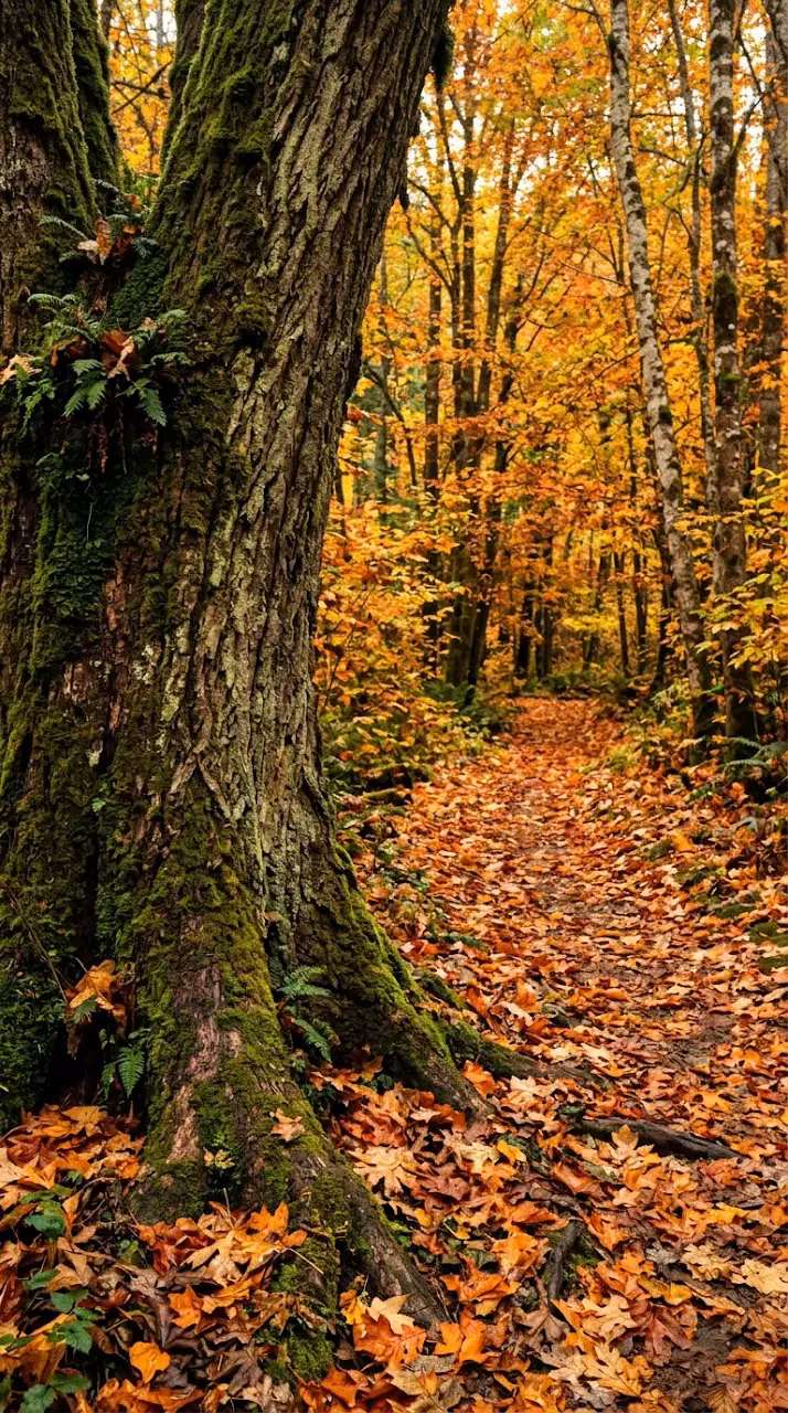 Download Mossy Tree Trunk Beside a Path Blanketed in Deep Orange Leaves Wallpaper in Mobile HD Mossy Tree Trunk Beside a Path Blanketed in Deep Orange Leaves - Free Mobile AMOLED Wallpaper Background
