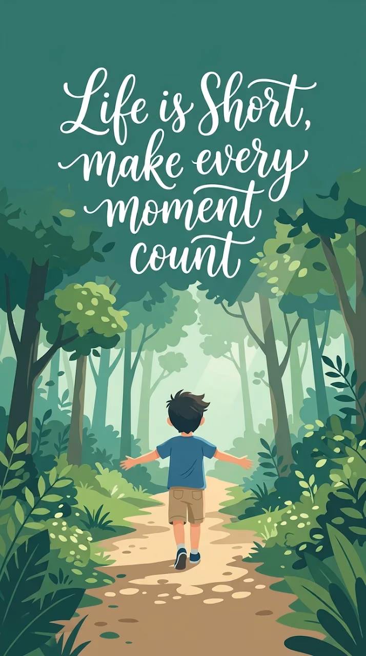Motivational Quote Life is Short with Boy in Sunny Forest - Free Mobile AMOLED Wallpaper Background