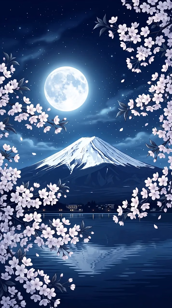 Download Mount Fuji and Cherry Blossoms at Night with Full Moon Wallpaper in Mobile HD Mount Fuji and Cherry Blossoms at Night with Full Moon - Free Mobile AMOLED Wallpaper Background