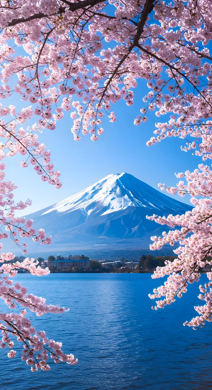Download Mount Fuji Framed by Pink Sakura Blossoms and Blue Lake Wallpaper in Mobile HD Mount Fuji Framed by Pink Sakura Blossoms and Blue Lake - Free Mobile AMOLED Wallpaper Background