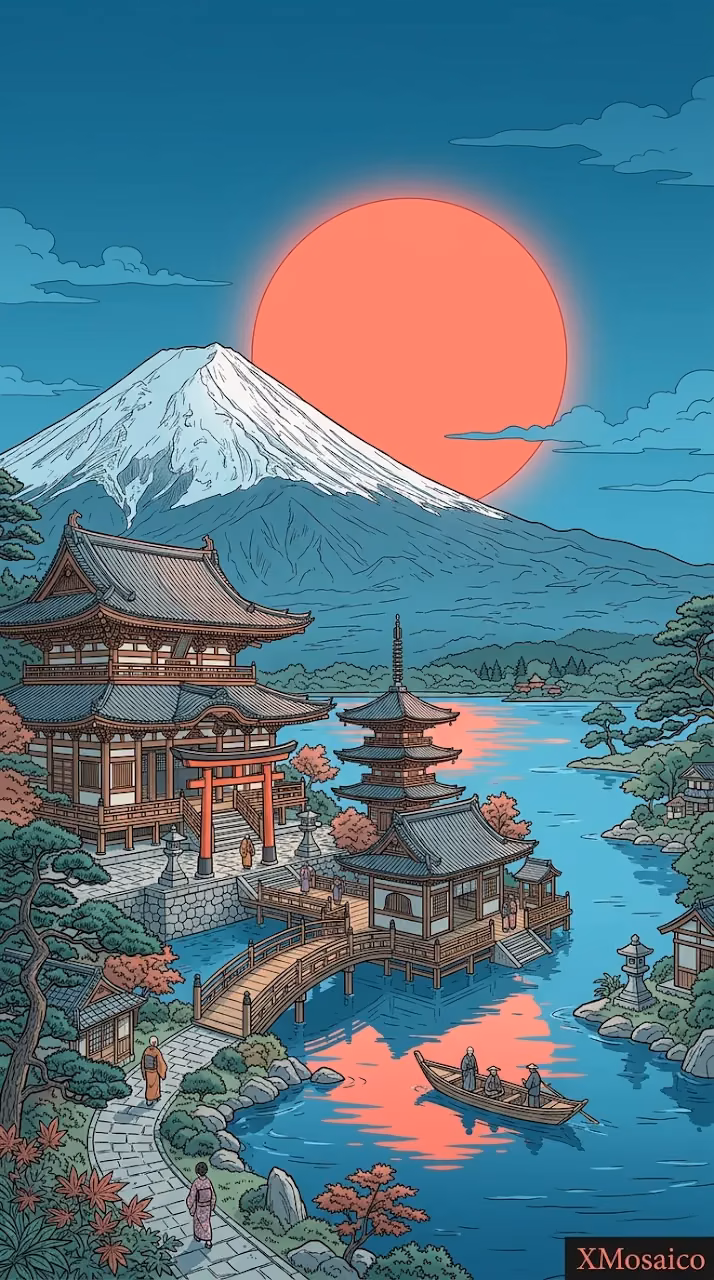 Download Mount Fuji Red Sun Traditional Line Art Wallpaper in Mobile HD Mount Fuji Red Sun Traditional Line Art - Free Mobile AMOLED Wallpaper Background