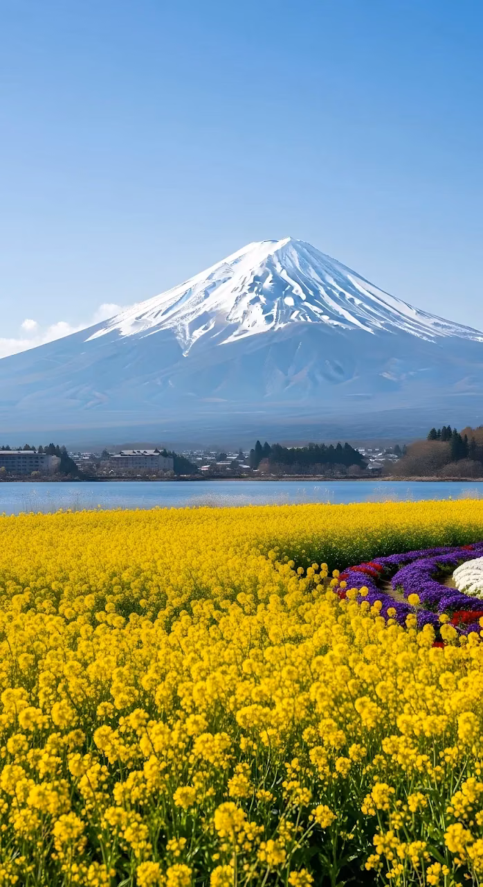 Download Mount Fuji Rising Above a Field of Bright Yellow Rapeseed Wallpaper in Mobile HD Mount Fuji Rising Above a Field of Bright Yellow Rapeseed - Free Mobile AMOLED Wallpaper Background