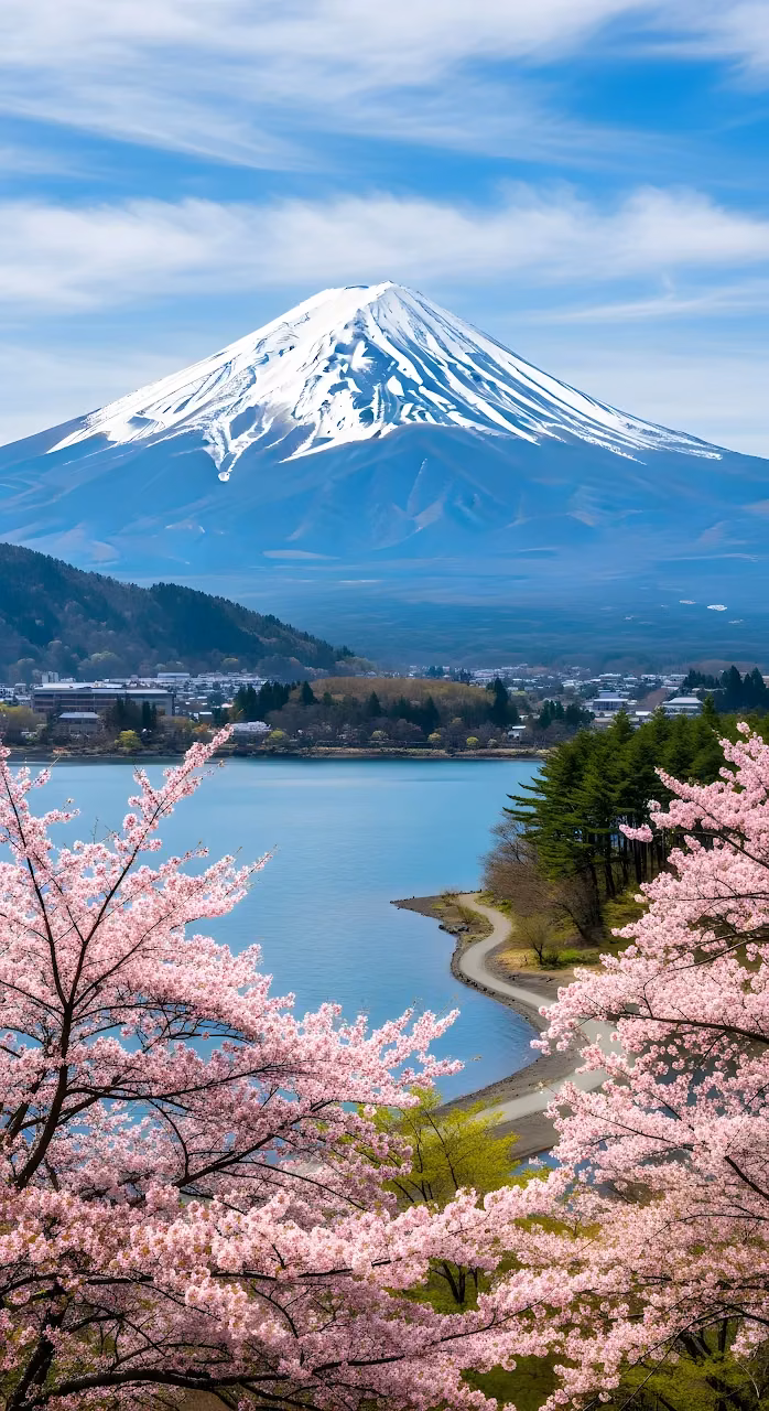 Mount Fuji Spring View with Pink Cherry Blossoms and Lake - Free Mobile AMOLED Wallpaper Background