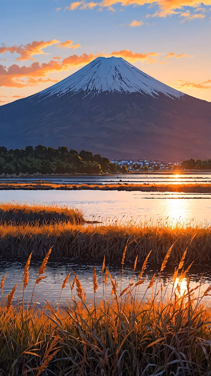 Mount Fuji Sunset over Golden Marshland Illustration - Free Mobile AMOLED Wallpaper Background