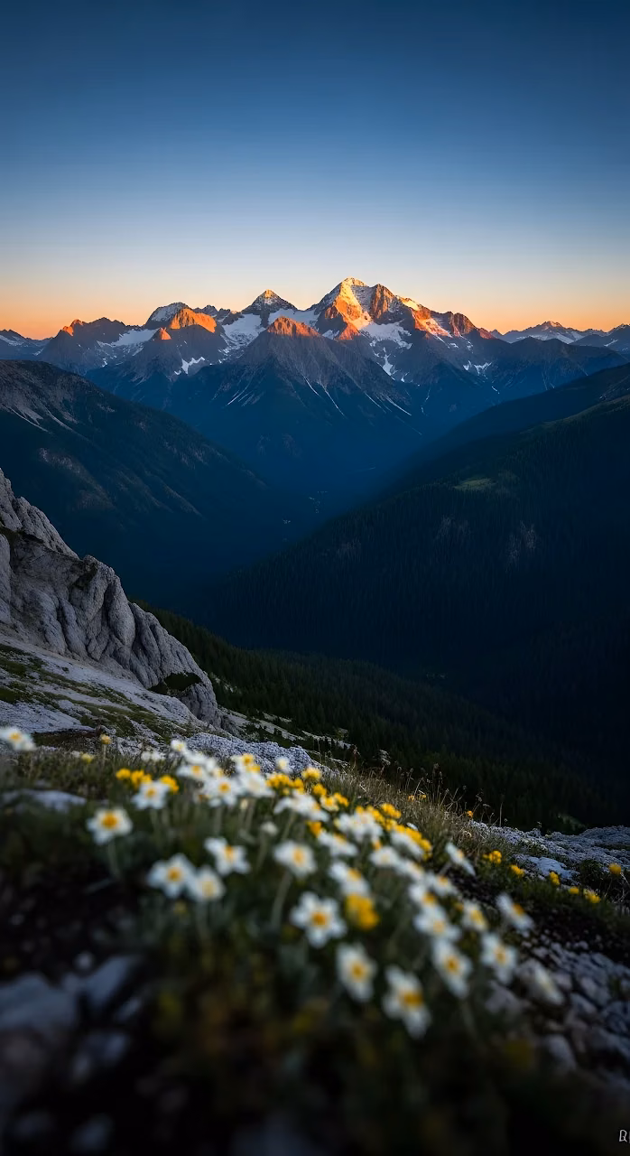 Download Mountain Avens Flowers with Golden Alpine Sunrise Peaks Wallpaper in Mobile HD Mountain Avens Flowers with Golden Alpine Sunrise Peaks - Free Mobile AMOLED Wallpaper Background