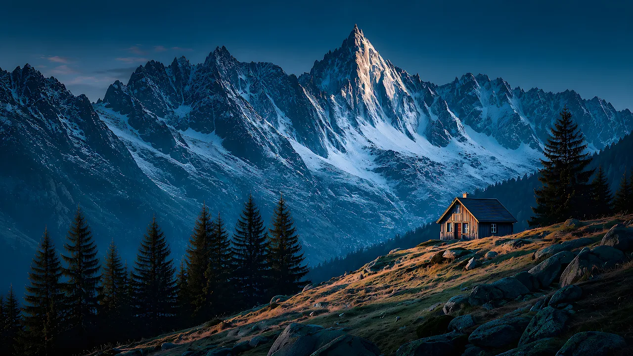 Download Mountain Chalet Snow Peak Ridge 4K Wallpaper in 4K UHD Wooden chalet on a grassy mountain slope in front of towering snow-capped jagged peaks and pine trees.