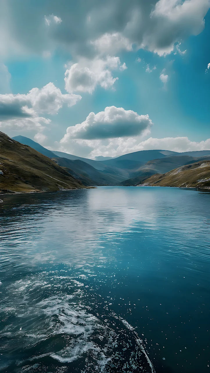 Download Mountain Lake Water Reflections Daylight 4K Wallpaper in Mobile HD Deep blue mountain lake with boat wake in the foreground, flanked by grassy hills under a cloudy blue sky.