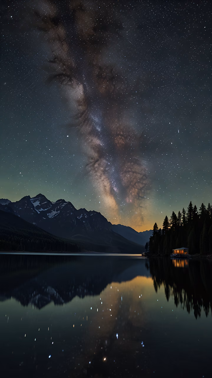 Download Mountain Lake Under Milky Way with Glowing Cabin Wallpaper in Mobile HD Mountain Lake Under Milky Way with Glowing Cabin - Free Mobile AMOLED Wallpaper Background