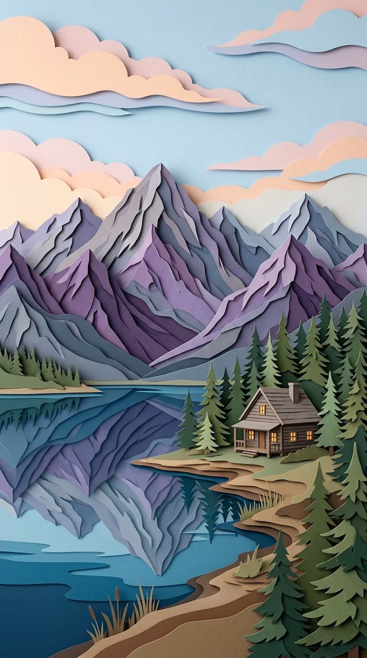 Mountain Landscape in Layered Paper-Cut Style with Lake and Cabin - Free Mobile AMOLED Wallpaper Background