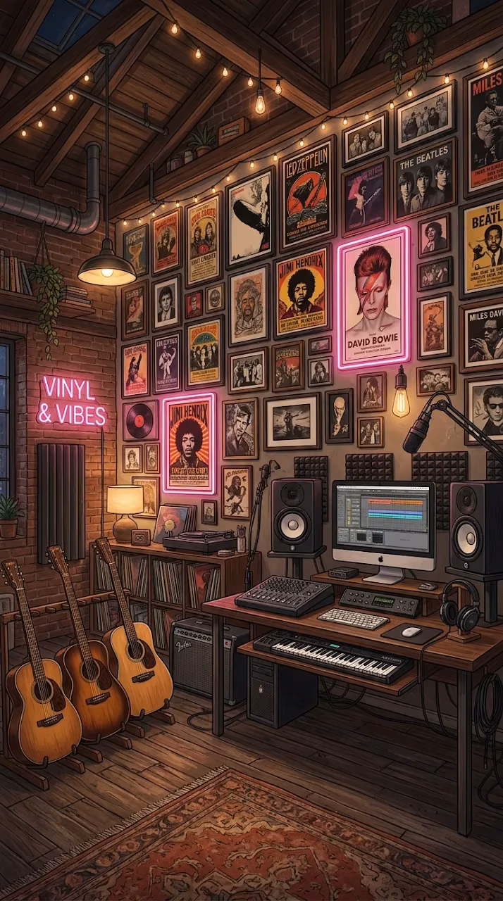 Download Music Studio Filled with Acoustic Guitars and Vintage Posters Wallpaper in Mobile HD Music Studio Filled with Acoustic Guitars and Vintage Posters - Free Mobile AMOLED Wallpaper Background