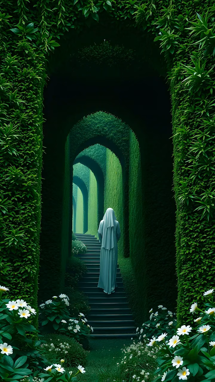 Download Mysterious Figure Ascending Steps in a Verdant Hedge Maze Wallpaper in Mobile HD Mysterious Figure Ascending Steps in a Verdant Hedge Maze - Free Mobile AMOLED Wallpaper Background