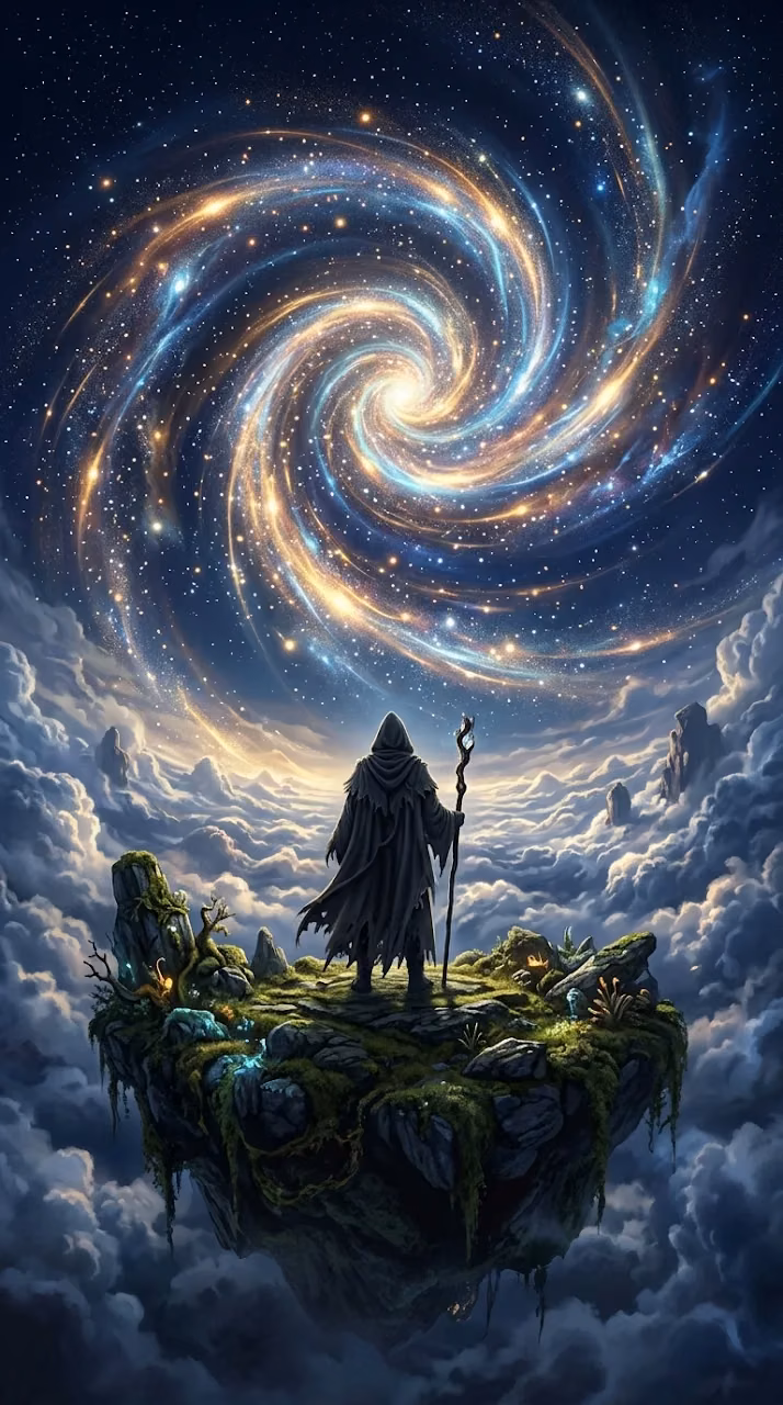 Mysterious Figure on Floating Island Under Cosmic Spiral Sky - Free Mobile AMOLED Wallpaper Background