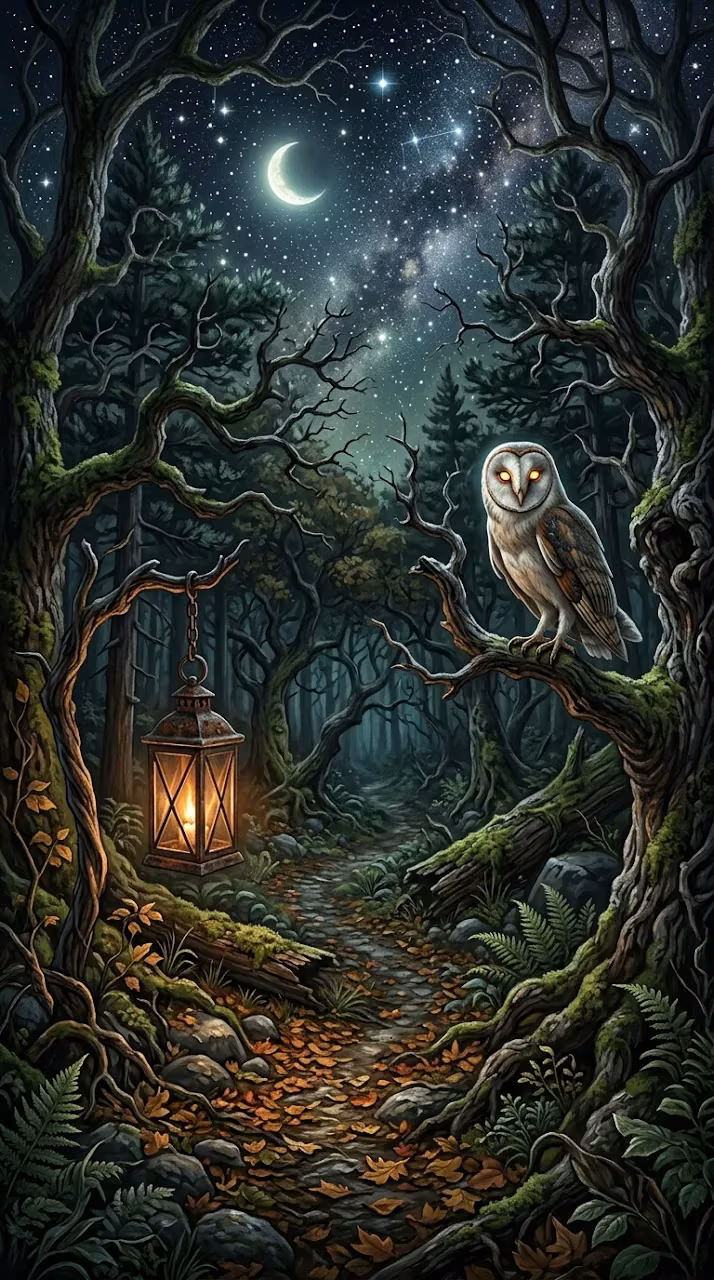 Download Mysterious Forest Clearing with Owl and Glowing Lantern Wallpaper in Mobile HD Mysterious Forest Clearing with Owl and Glowing Lantern - Free Mobile AMOLED Wallpaper Background