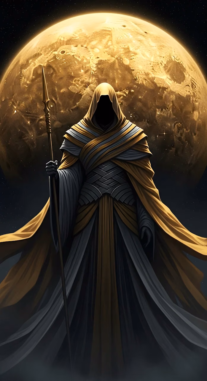 Download Mysterious Hooded Figure Against Golden Celestial Body Wallpaper in Mobile HD Mysterious Hooded Figure Against Golden Celestial Body - Free Mobile AMOLED Wallpaper Background