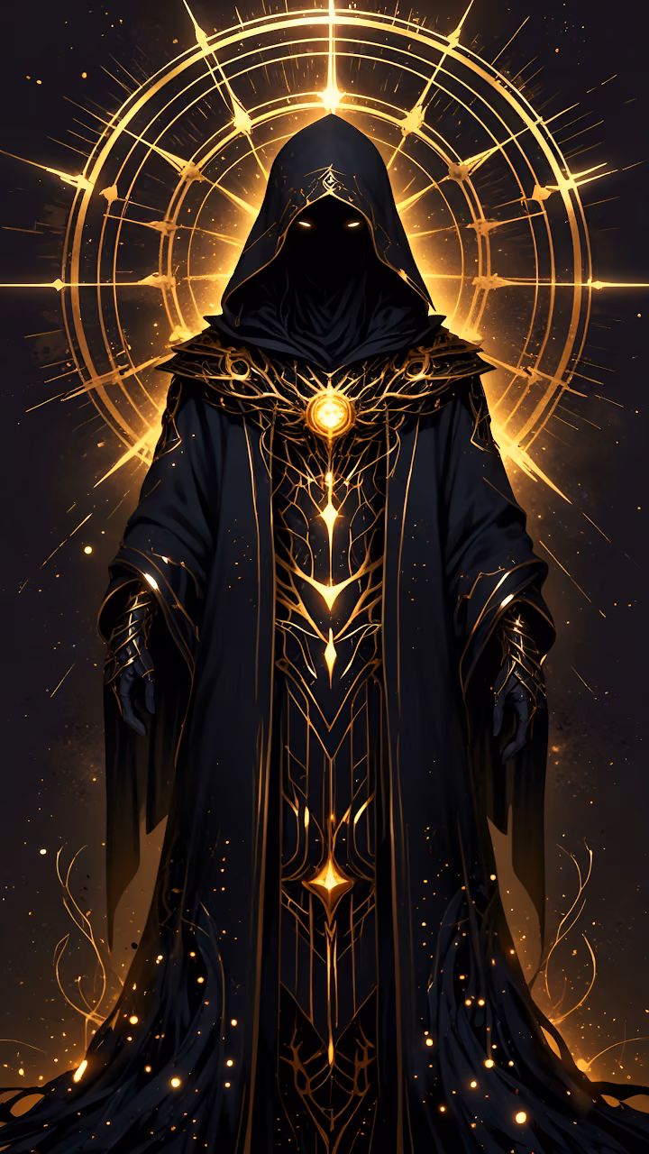 Mysterious Hooded Figure with Golden Rune Aura - Free Mobile AMOLED Wallpaper Background