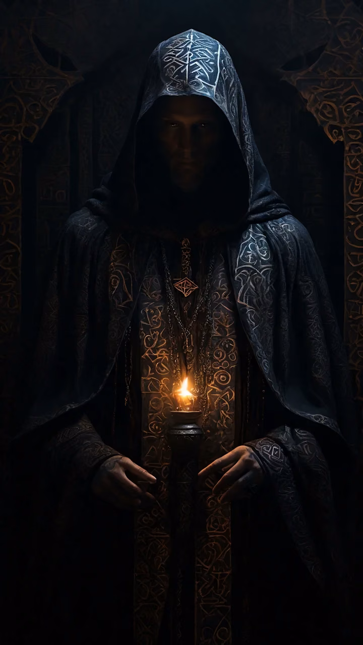 Mysterious robed figure holds candle in dark ornate chamber - Free Mobile AMOLED Wallpaper Background