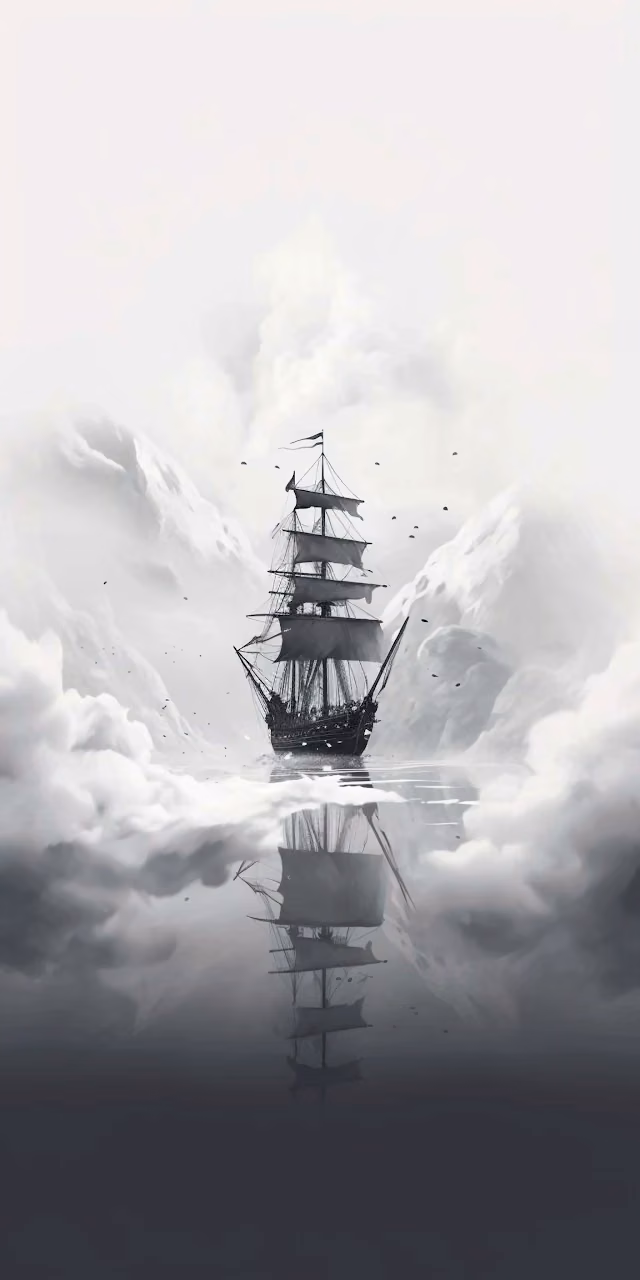 Mysterious Tall Ship Sailing Through Monochromatic Fog Banks - Free Mobile AMOLED Wallpaper Background