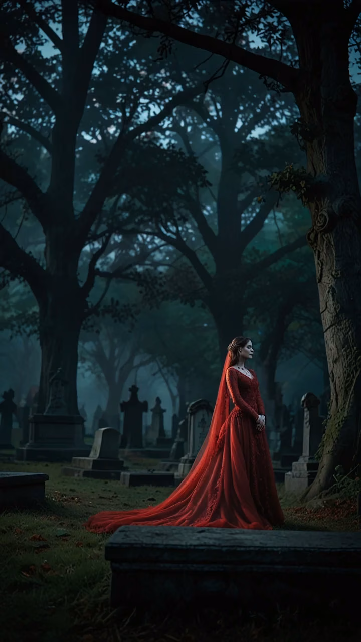Mysterious Woman in Red Dress in Foggy Cemetery - Free Mobile AMOLED Wallpaper Background