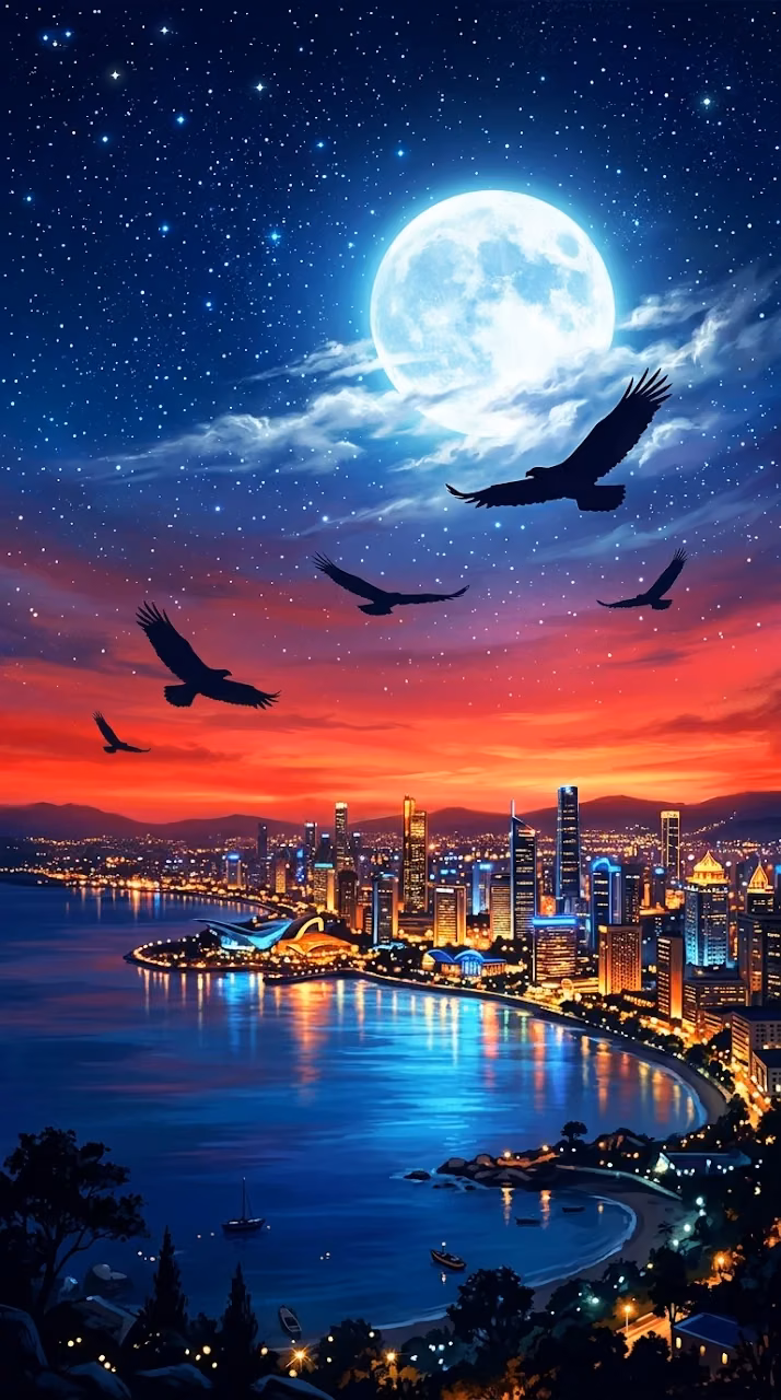 Mystical Cityscape with Glowing Moon Sunset and Eagle Silhouettes - Free Mobile AMOLED Wallpaper Background