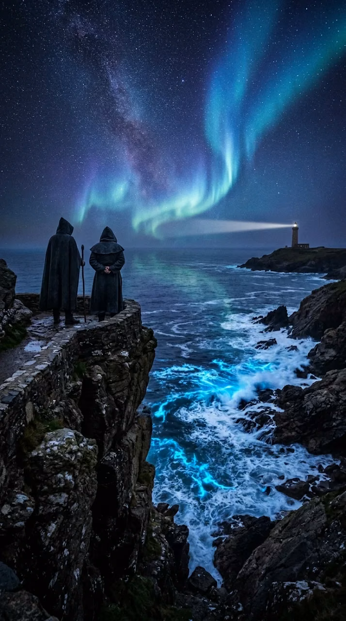 Mystical Coastal Night with Aurora, Stars, and Bioluminescent Algae - Free Mobile AMOLED Wallpaper Background