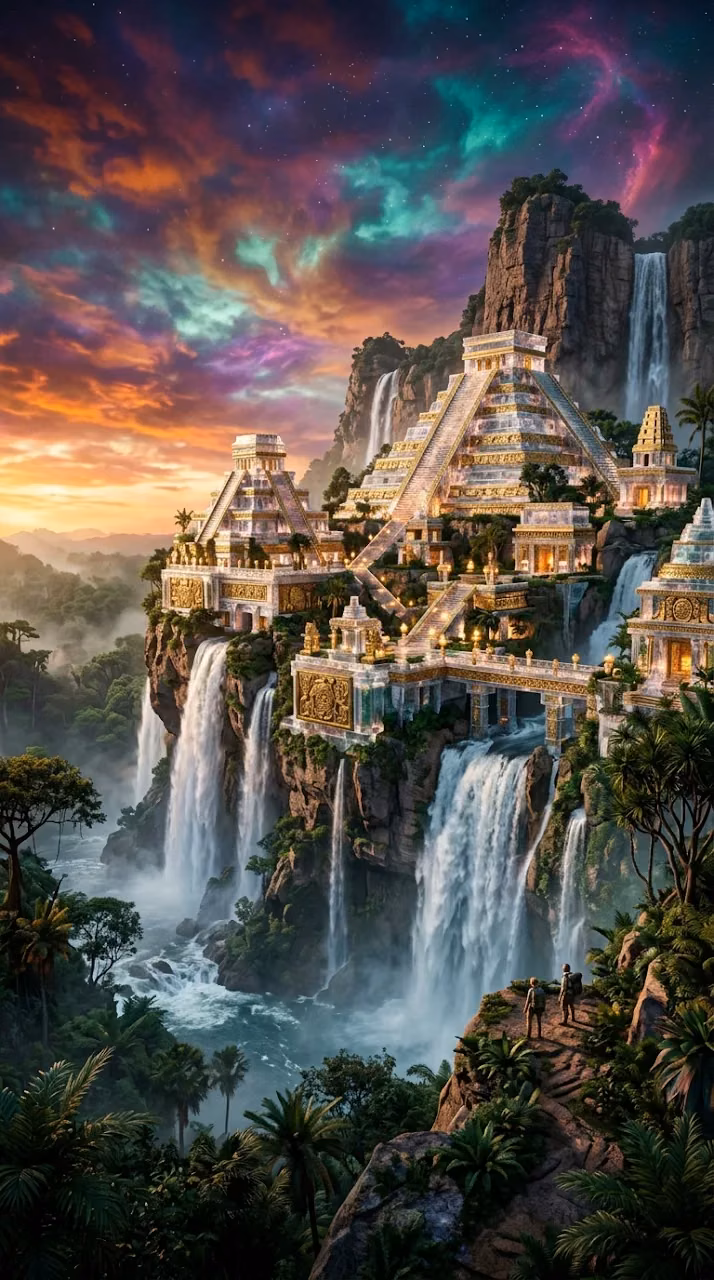 Mystical Crystal City Atop Waterfalls with Mayan Architecture - Free Mobile AMOLED Wallpaper Background