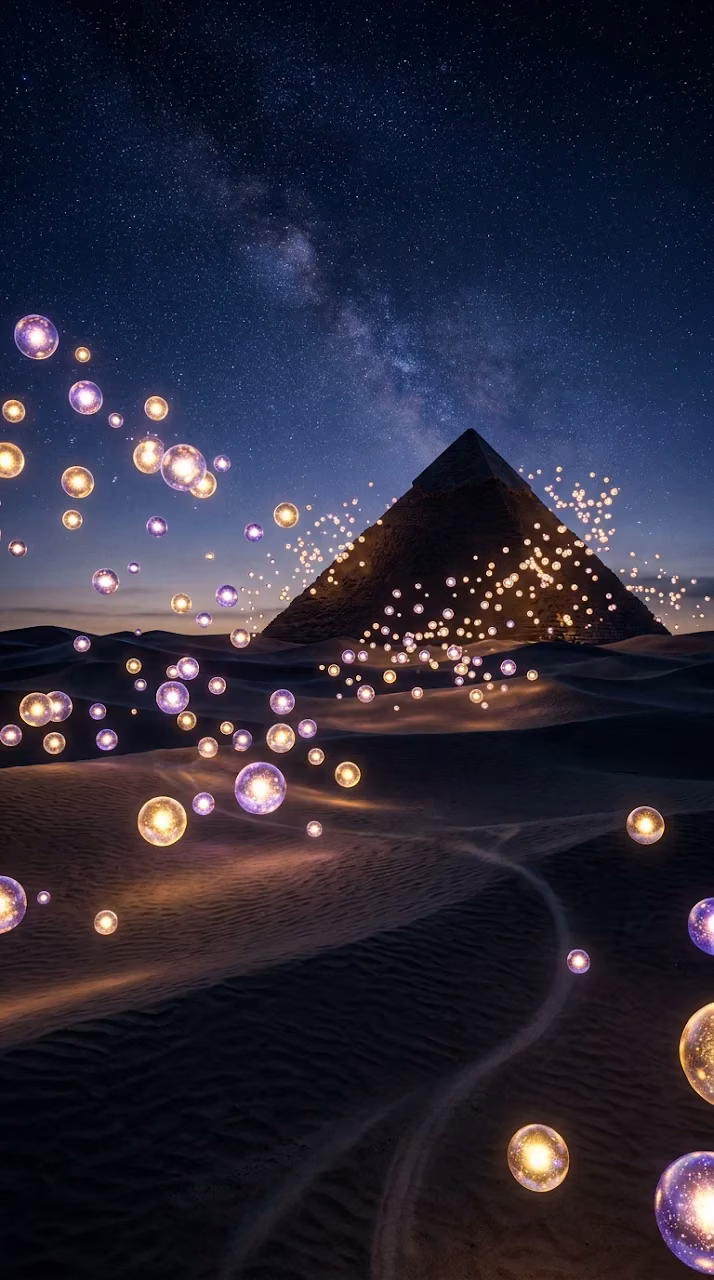 Mystical Desert Landscape at Dusk with Floating Glowing Orbs - Free Mobile AMOLED Wallpaper Background