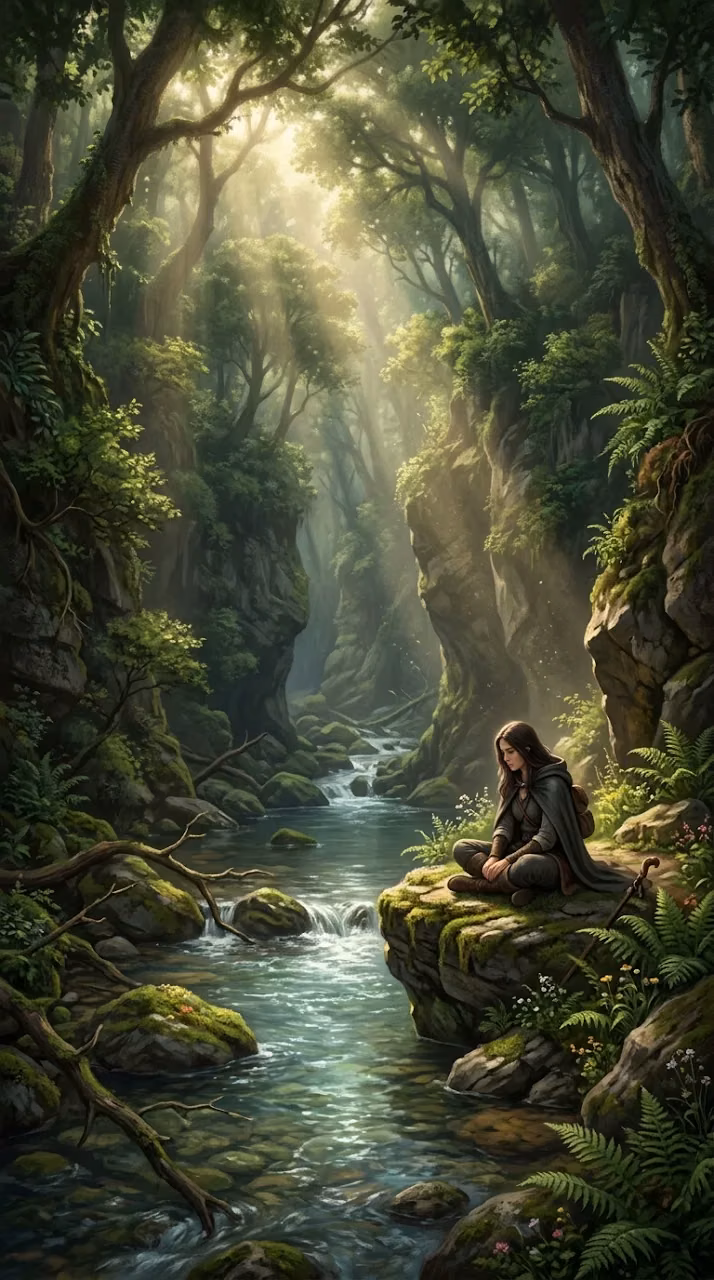 Download Mystical Forest Canyon with Rays of Light and Shimmering Stream Wallpaper in Mobile HD Mystical Forest Canyon with Rays of Light and Shimmering Stream - Free Mobile AMOLED Wallpaper Background