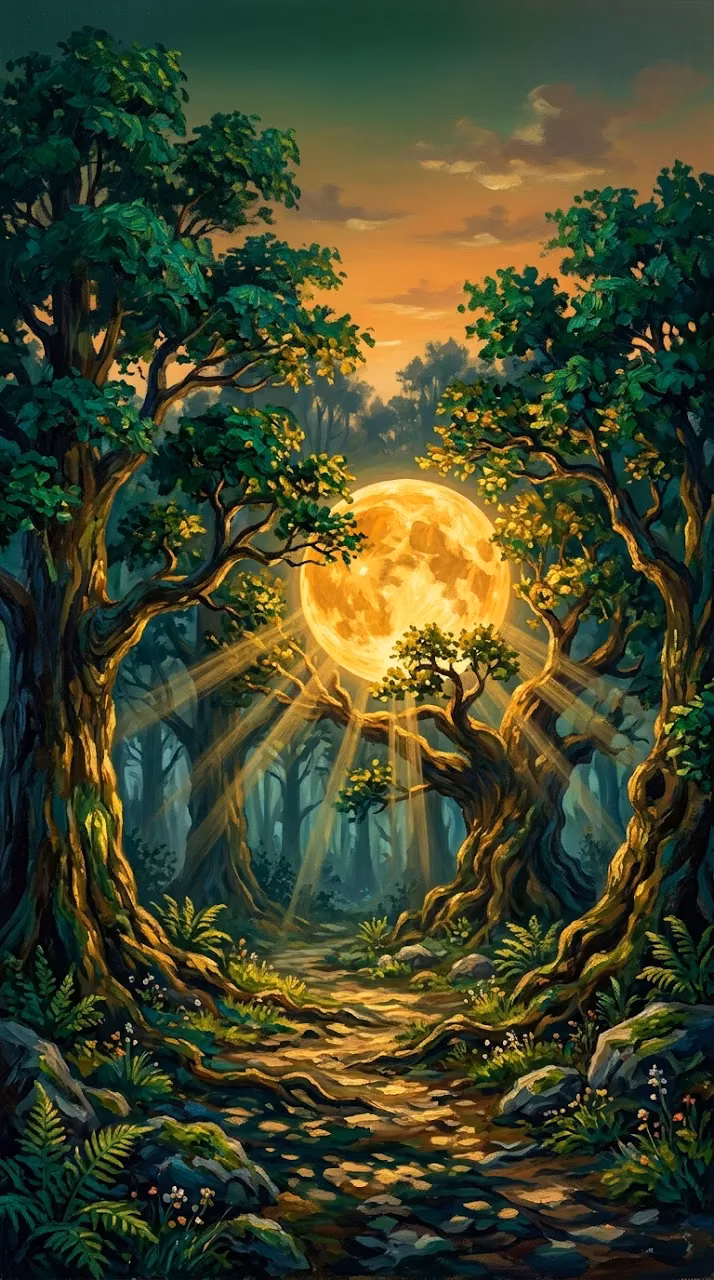 Download Mystical Forest with Colossal Glowing Golden Orb at Dusk Wallpaper in Mobile HD Mystical Forest with Colossal Glowing Golden Orb at Dusk - Free Mobile AMOLED Wallpaper Background