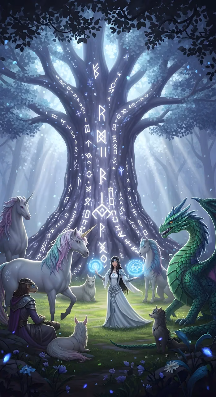 Download Mystical Forest Guardian and Creatures near Rune Tree Wallpaper in Mobile HD Mystical Forest Guardian and Creatures near Rune Tree - Free Mobile AMOLED Wallpaper Background
