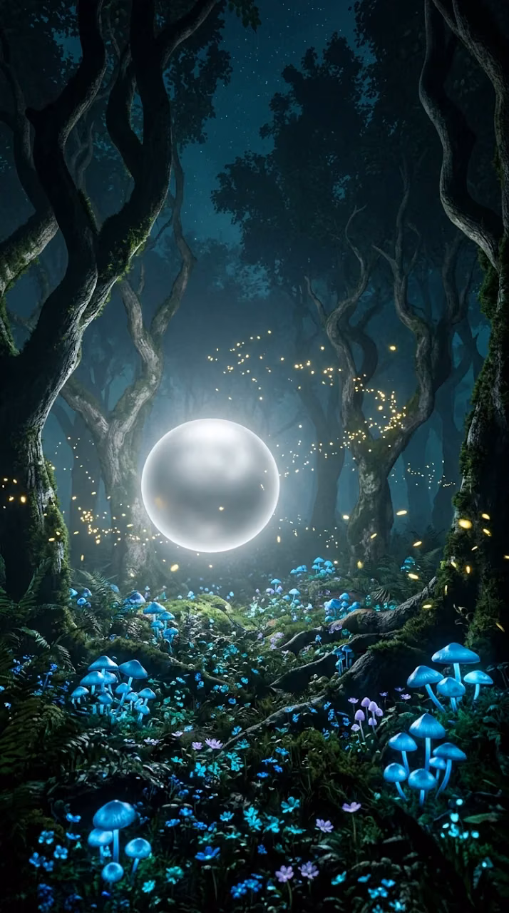 Mystical Forest with Hovering Glowing Silver Sphere and Bioluminescence - Free Mobile AMOLED Wallpaper Background