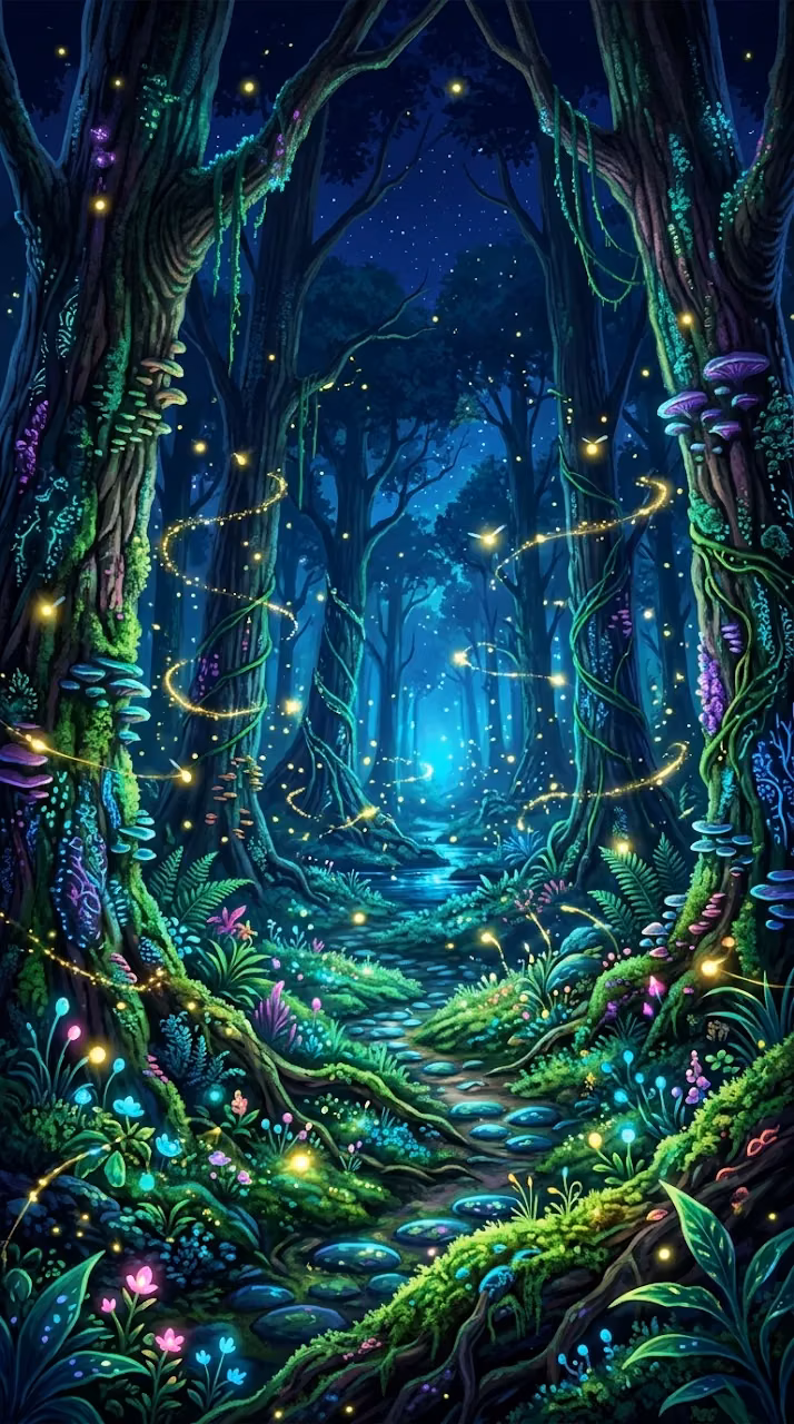 Download Mystical Forest Scene with Bioluminescent Plants and Fireflies Wallpaper in Mobile HD Mystical Forest Scene with Bioluminescent Plants and Fireflies - Free Mobile AMOLED Wallpaper Background