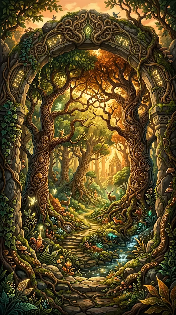 Mystical Forest Scene Through a Natural Tree Archway - Free Mobile AMOLED Wallpaper Background